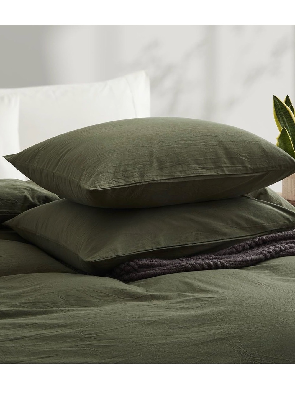 Olive Green Washed Cotton Duvet Cover Set - Queen - Picture 3 of 6